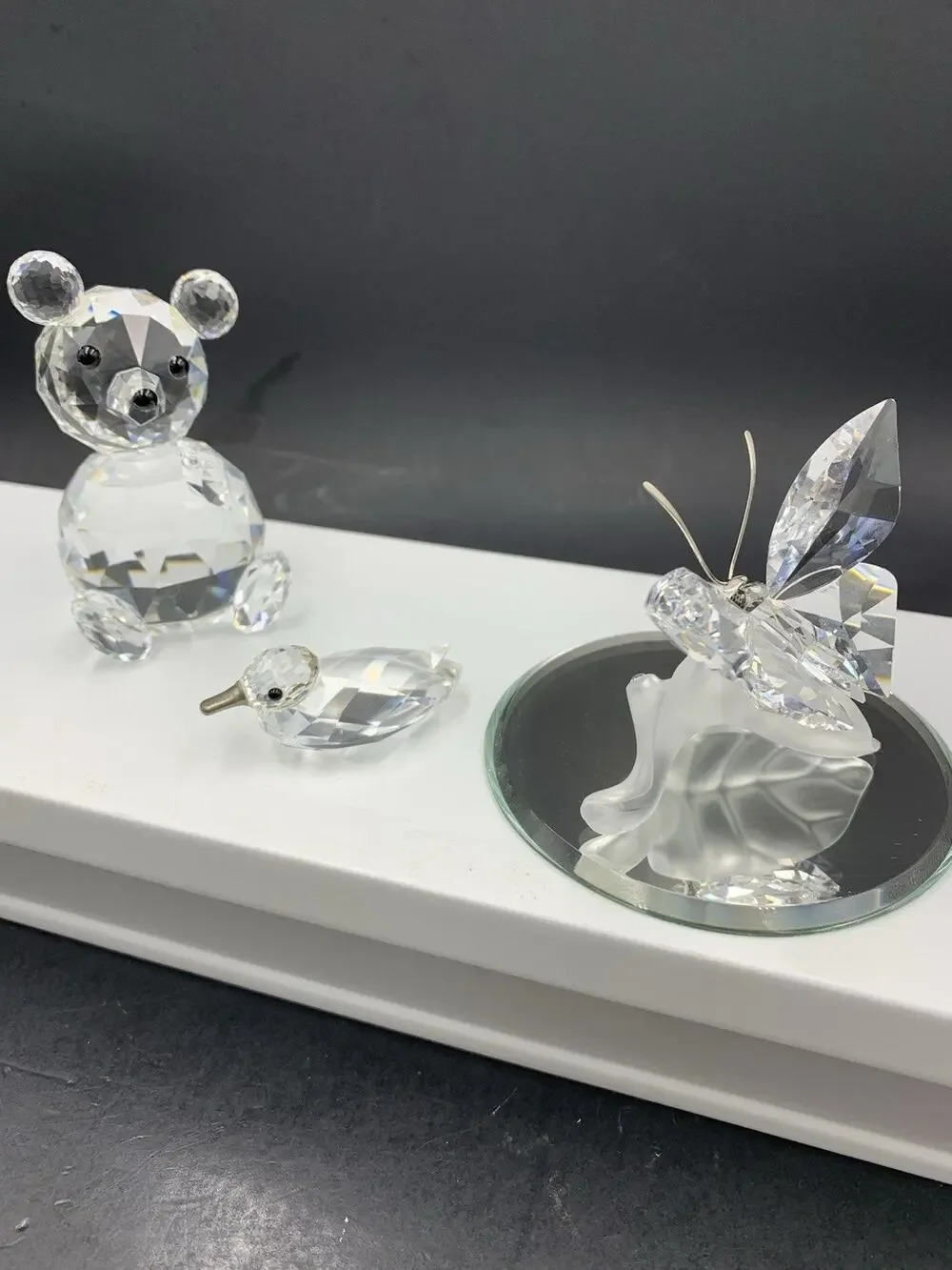 LOT 3 Swarovski Crystal Figurines Bear, Butterfly on Frosted Leaf Mini Duck READ